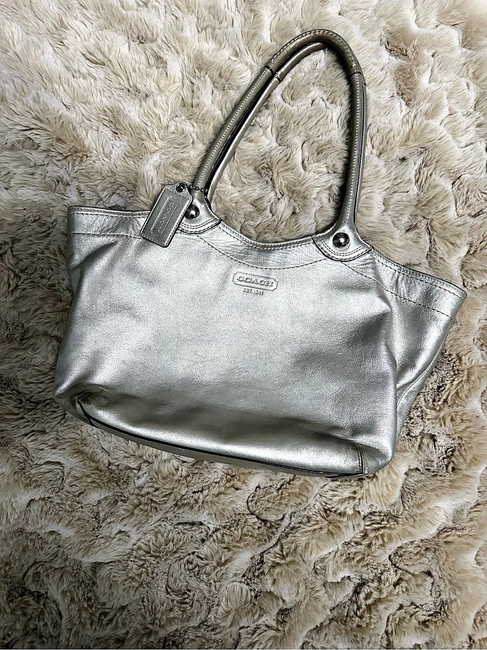 Y2K Coach Metallic Silver Leather Tote Shoulder Bag